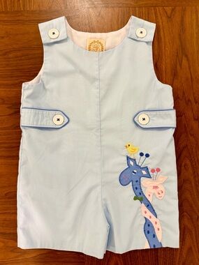 The Beaufort Bonnet Company Blue Embroidered Giraffe Shortall Jon Jon Size 2T
